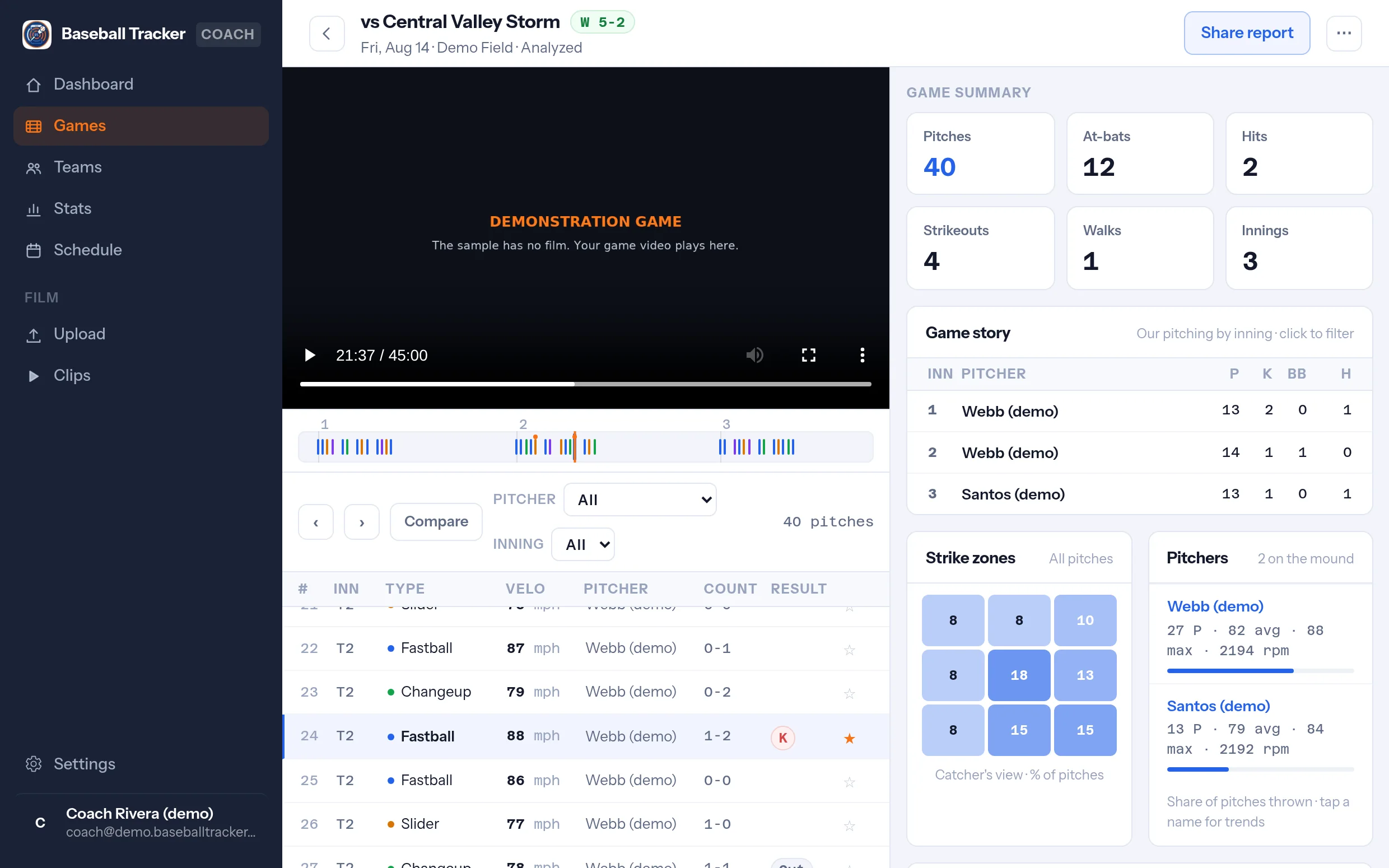 Portal de análisis de video de béisbol para coaches: Dirige desde el registro